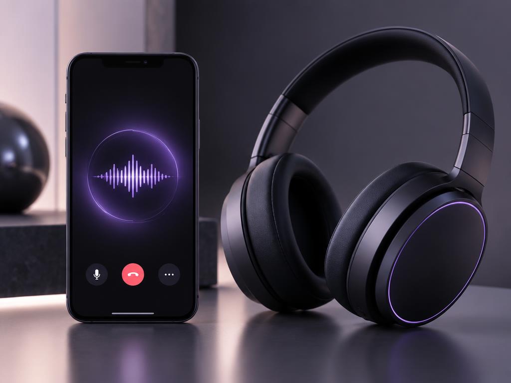 Headset beside a phone showing an AI voice call with a waveform