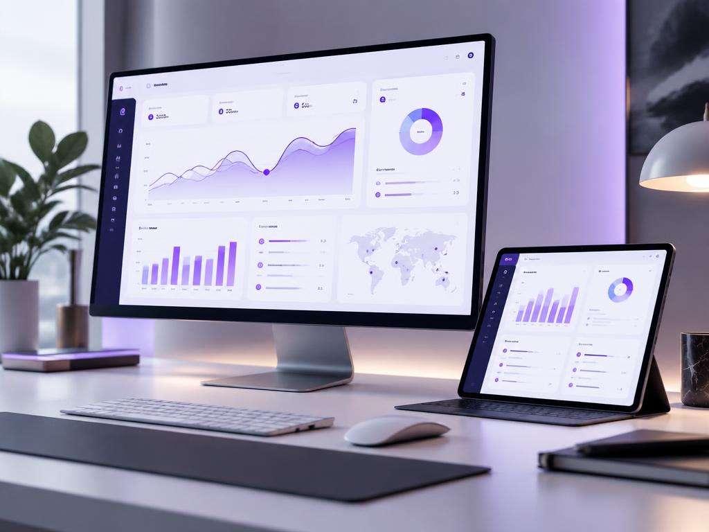 Monitor and tablet showing a premium AI product dashboard