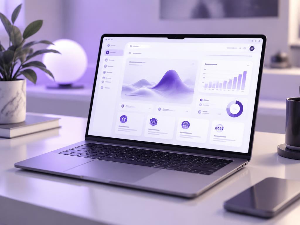 Laptop on a premium desk showing an AI-powered website dashboard