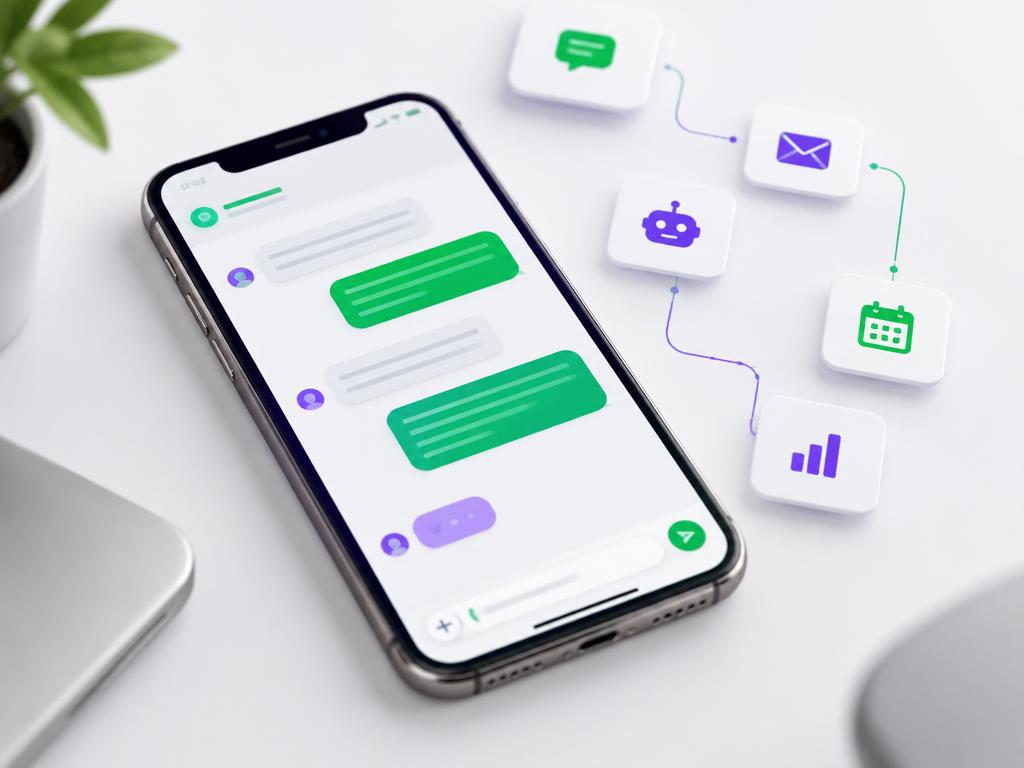 Smartphone showing automated business chat with workflow steps